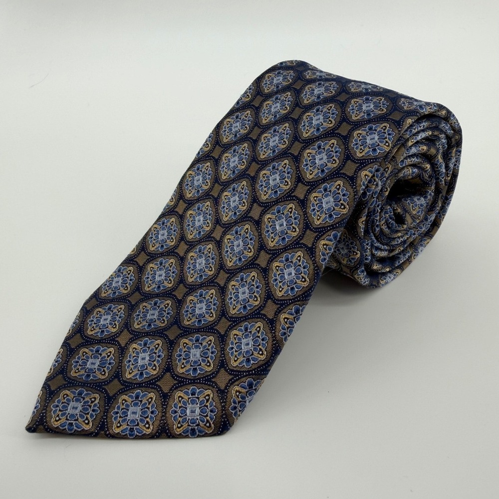 Jos. A. Bank Reserve Tie Mens OS Blue Gold Geometric Medallion Silk Necktie